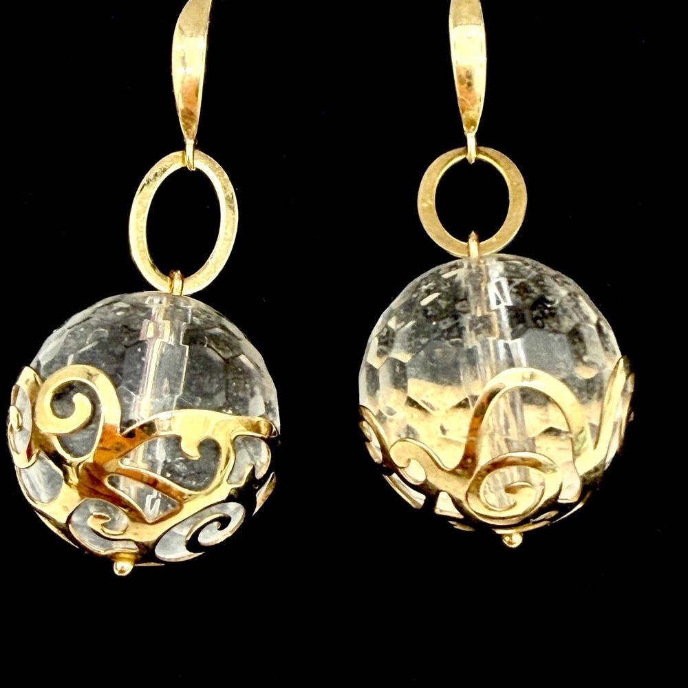 Vtg 14k Gold Rock Crystal Earrings Designer Italy PV Dangle Globe Large 9 Gr‎